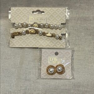 D'Bello Gold and Pearl Bracelet and Earrings Accessories Set
